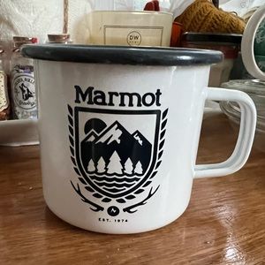 Marmot camping mug.  White.   Blue logo.  Enamel.